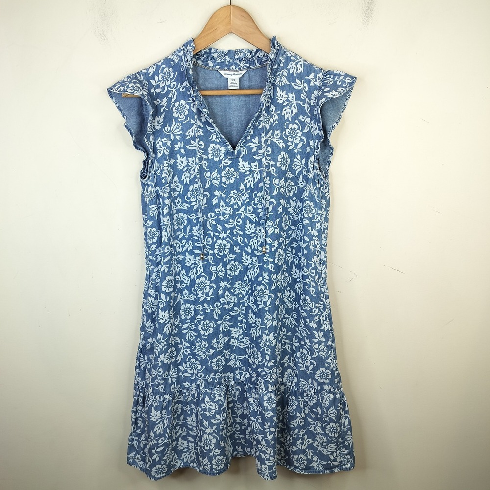 Tommy Bahama Floral Chambray Dress w/ Pockets Small Flutter Sleeve Tropical Blue